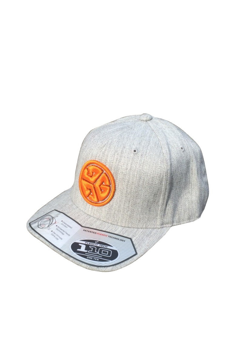 FLEXFIT brand 3D puff Embroidered Grubwear hat with FLAT Brim. Grey heathered look, Snapback.