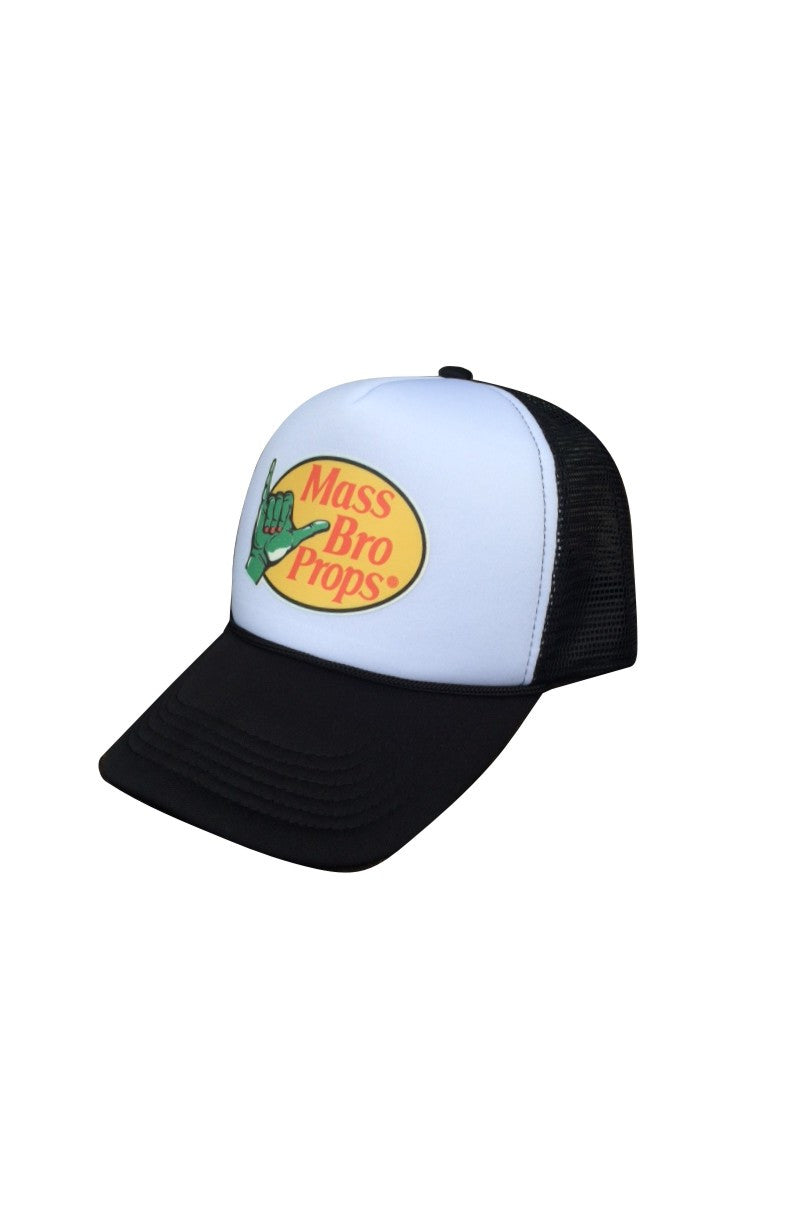 Stylish foam front trucker hat with tribute parody to the famous BASS BRO SHOPS logo brand. 